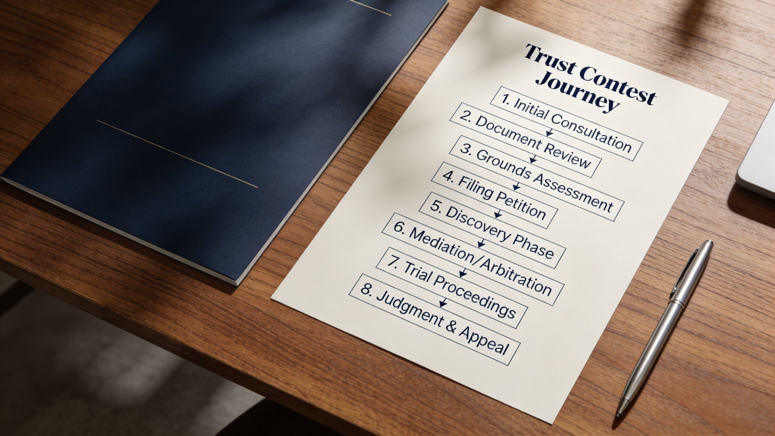 A document on a wooden desk titled Trust Contest Journey outlining eight legal steps for challenging a trust.