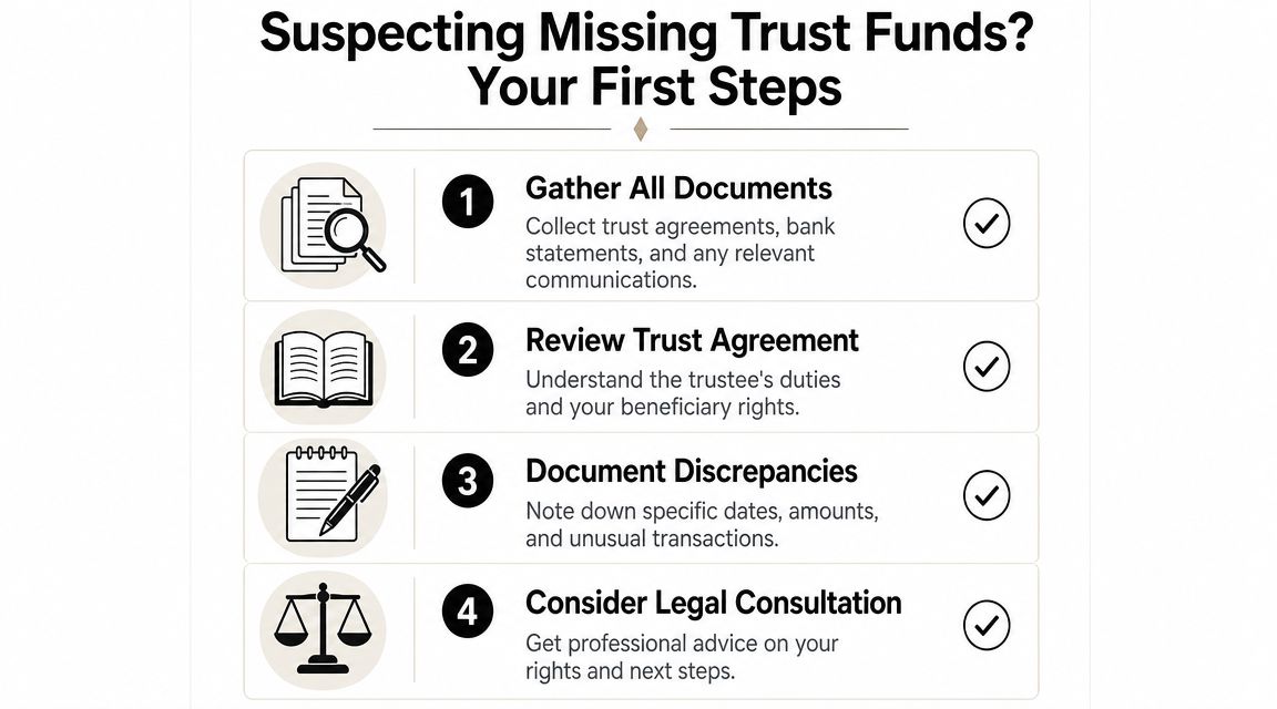 A four-step guide infographic for individuals suspecting that trust funds are missing from their legal accounts.
