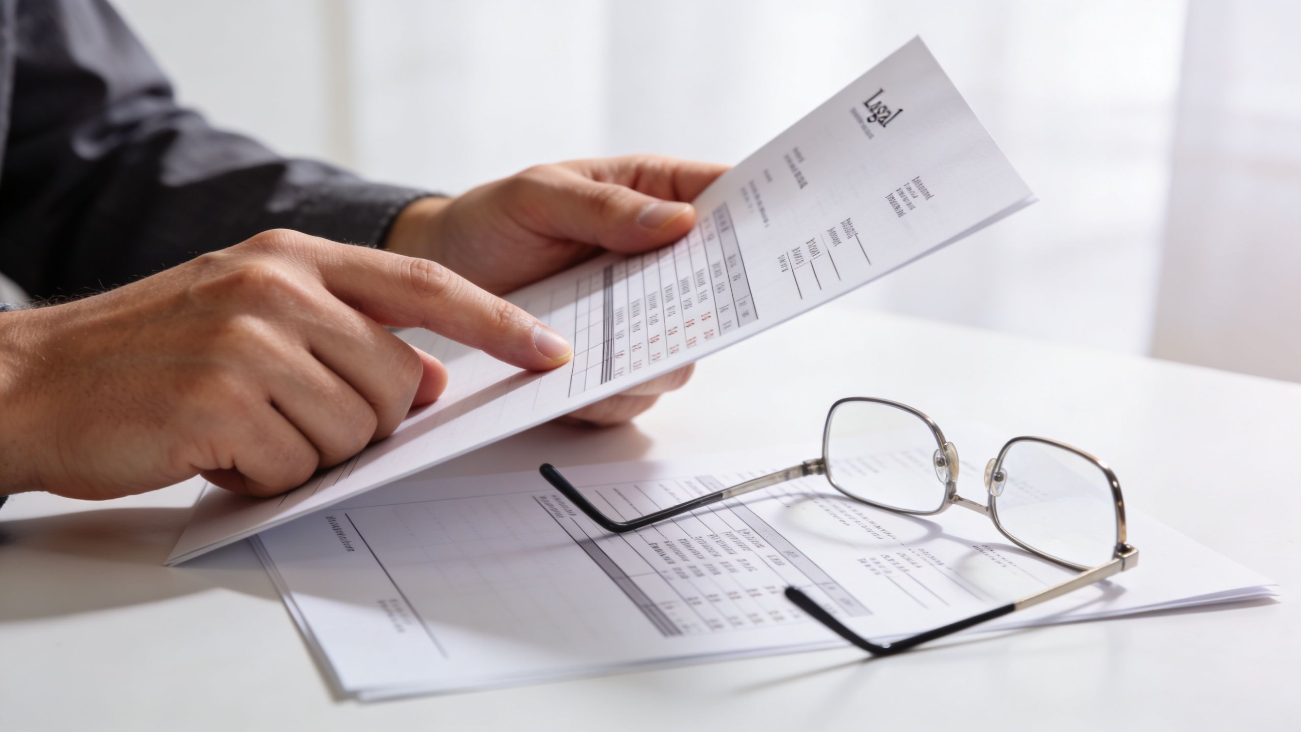 A person reviewing legal documents on a white desk, with a pair of eyeglasses resting nearby.