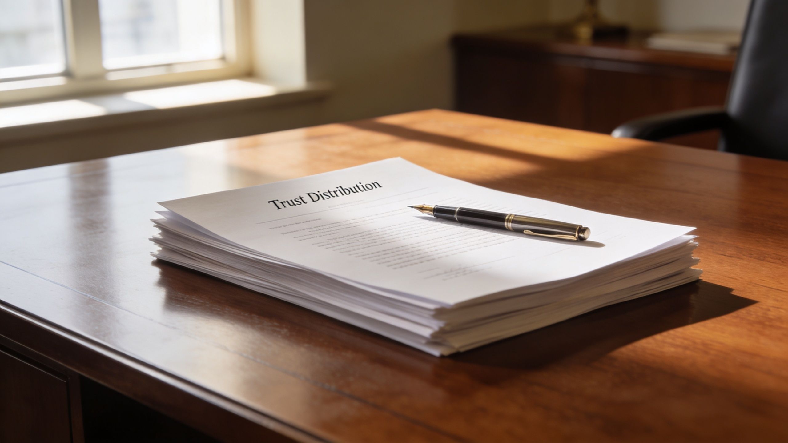 A stack of legal documents titled Trust Distribution with a fountain pen resting on top on a wooden desk.