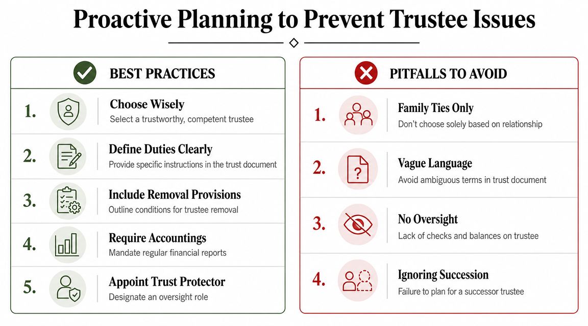 An infographic titled Proactive Planning to Prevent Trustee Issues comparing five best practices with four common pitfalls.