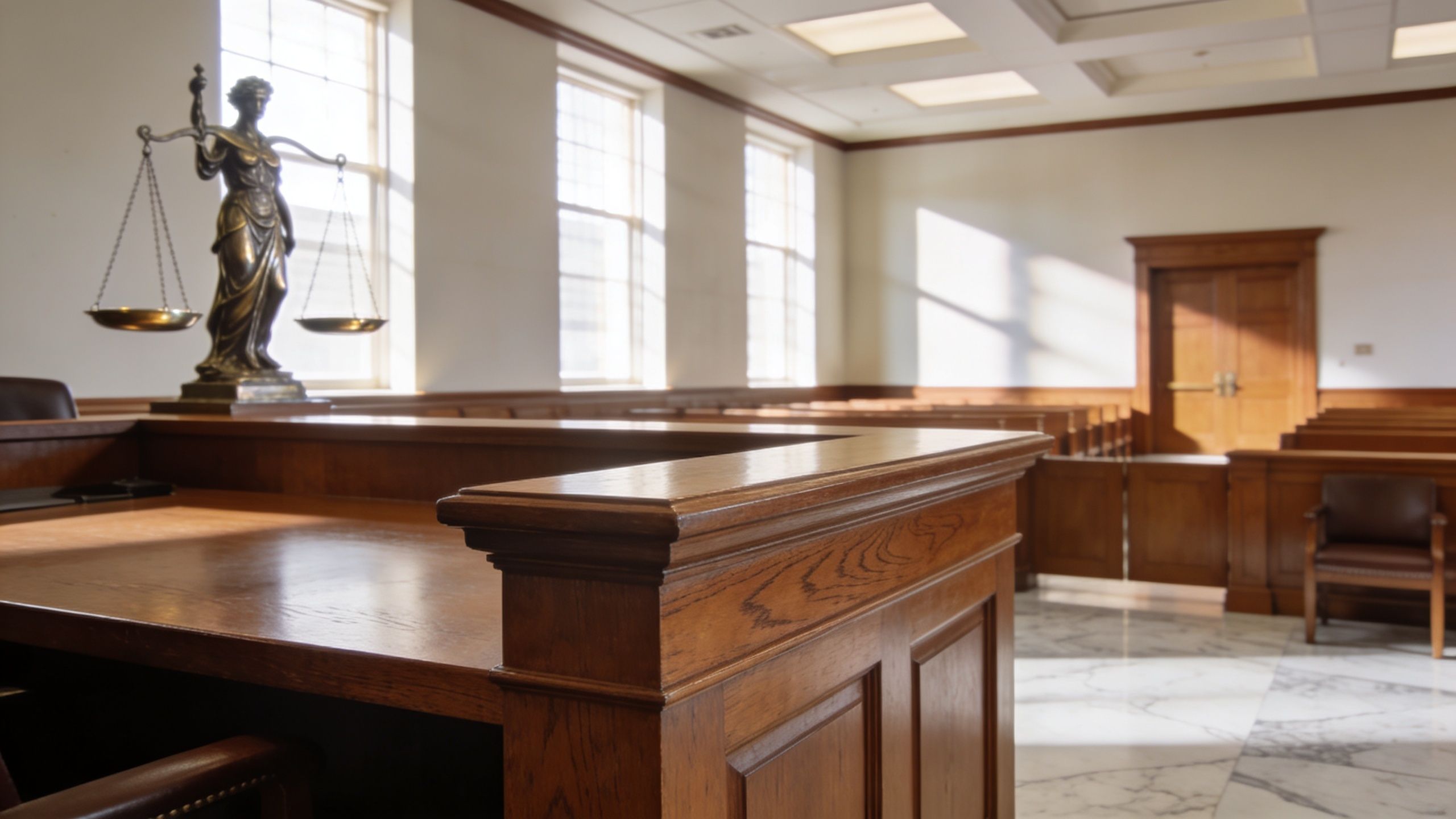 A view inside a traditional wood-paneled courtroom featuring a statue of Lady Justice on a judge bench.