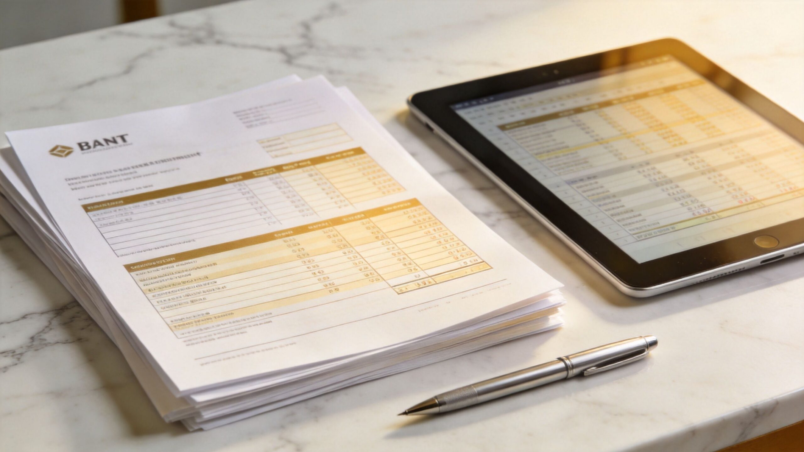 A document with BANT branding and a tablet showing financial records, organized for a legal review.