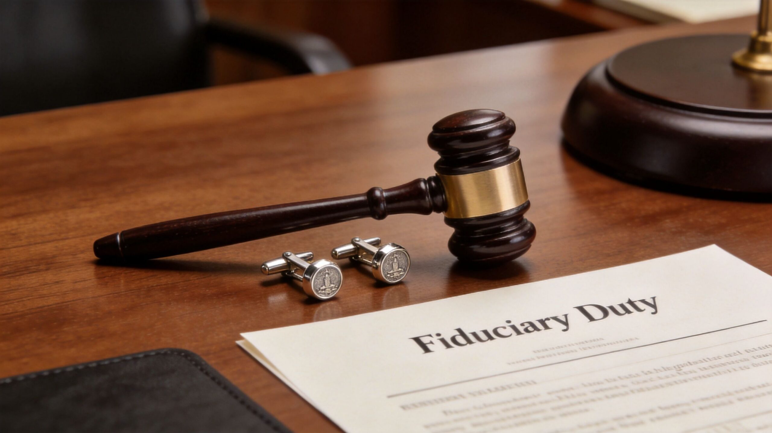 A wooden judge's gavel and silver cufflinks resting on a desk next to a fiduciary duty document.