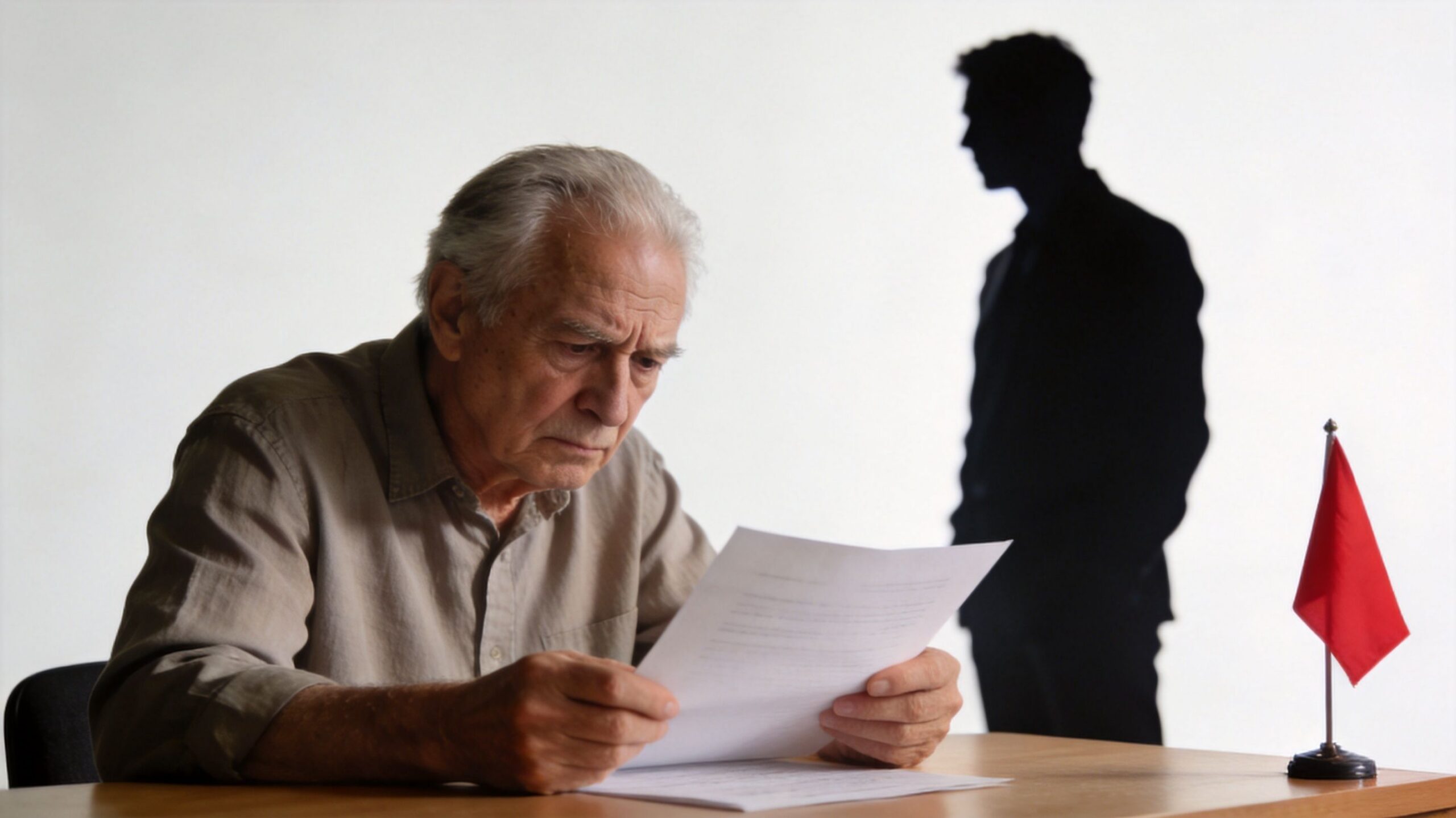 An elderly man reads a document at a desk while a shadowy figure stands behind him.