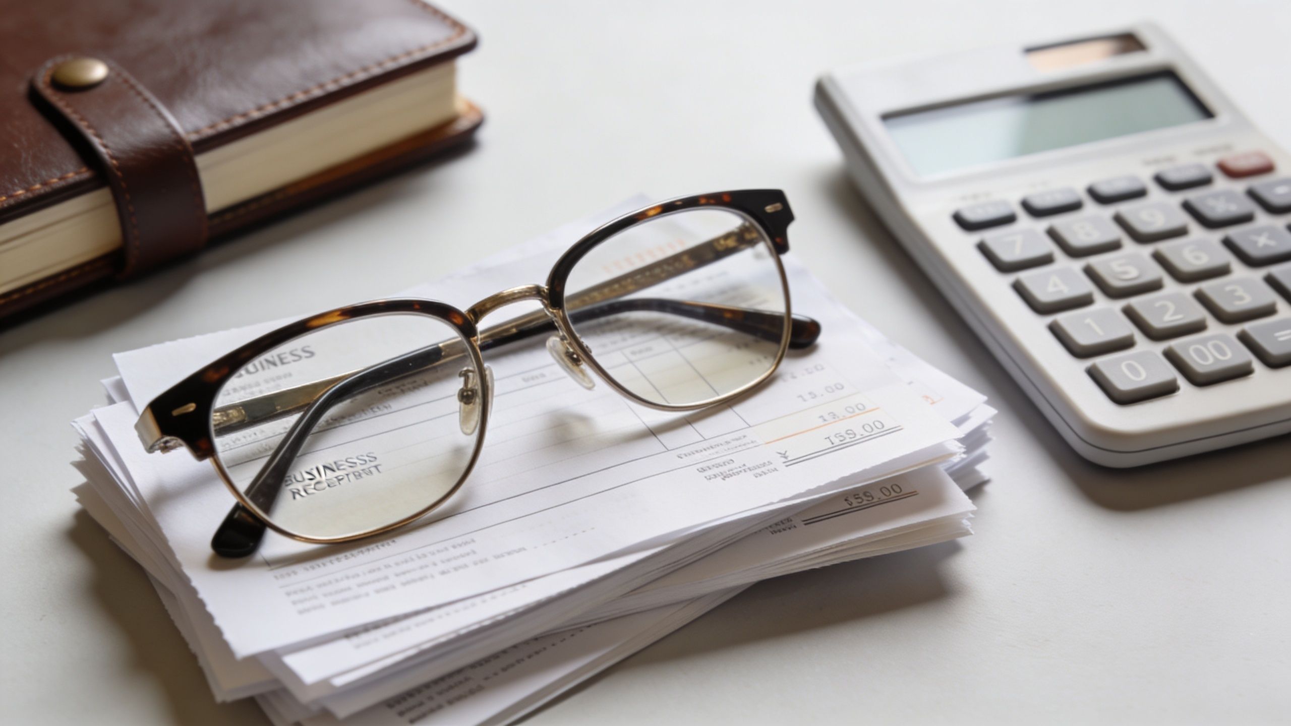 A brown notebook, a calculator, and reading glasses rest on top of a stack of receipts.