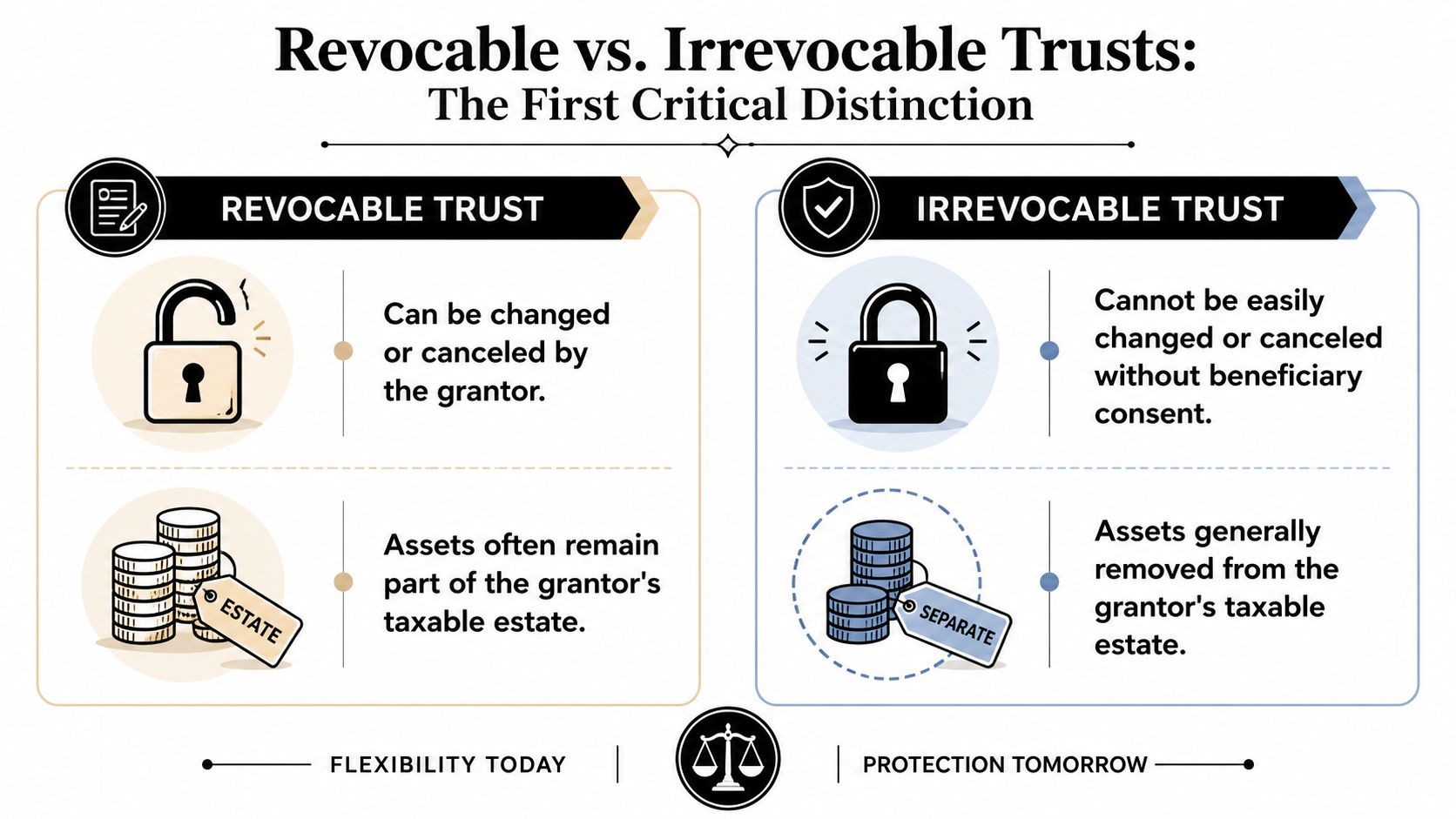 A comparison chart outlining the key differences between revocable and irrevocable trusts regarding flexibility and estate taxation.
