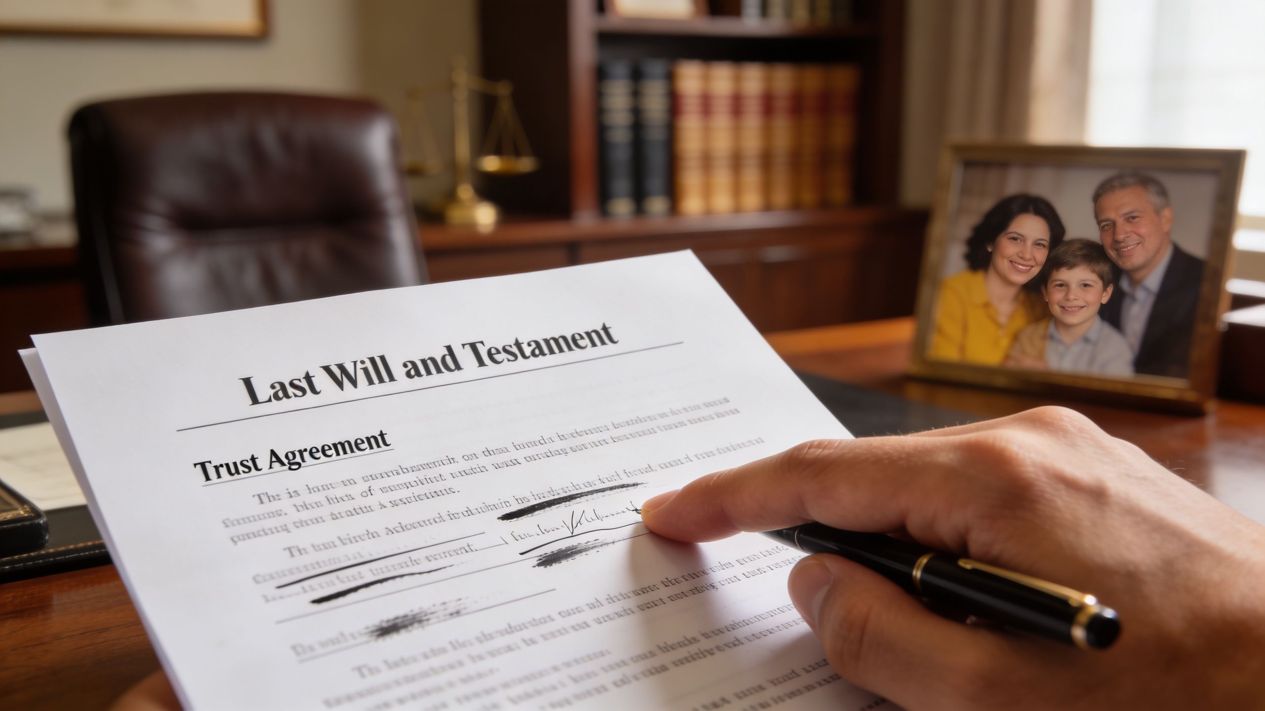 A hand holds a pen over a Last Will and Testament document inside a professional office.