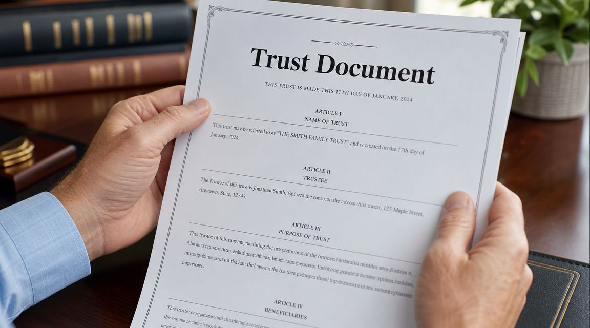 A person holding a printed document titled Trust Document for The Smith Family Trust in an office.
