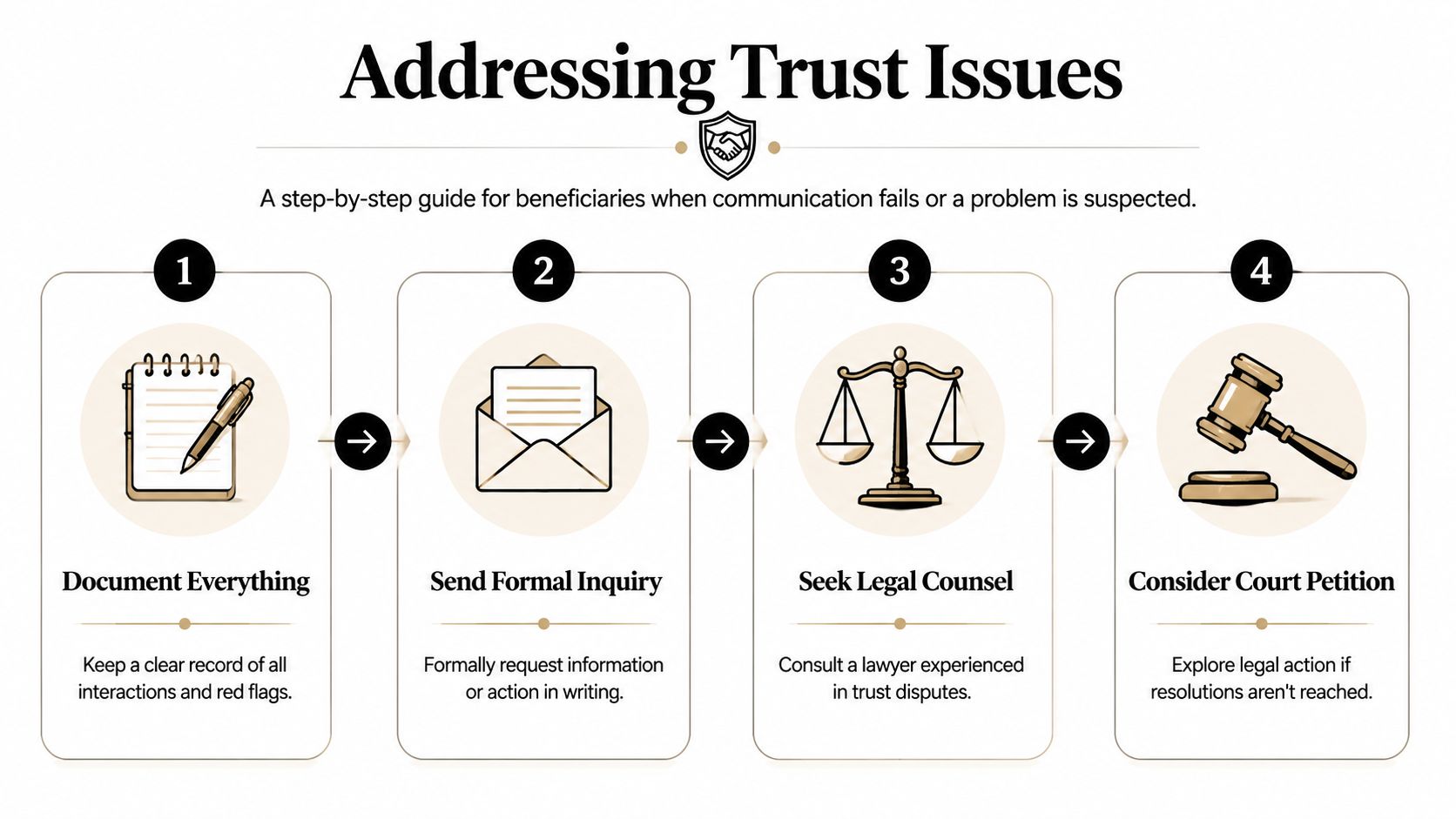 A four-step infographic guiding beneficiaries on how to address trust issues or suspected mismanagement.