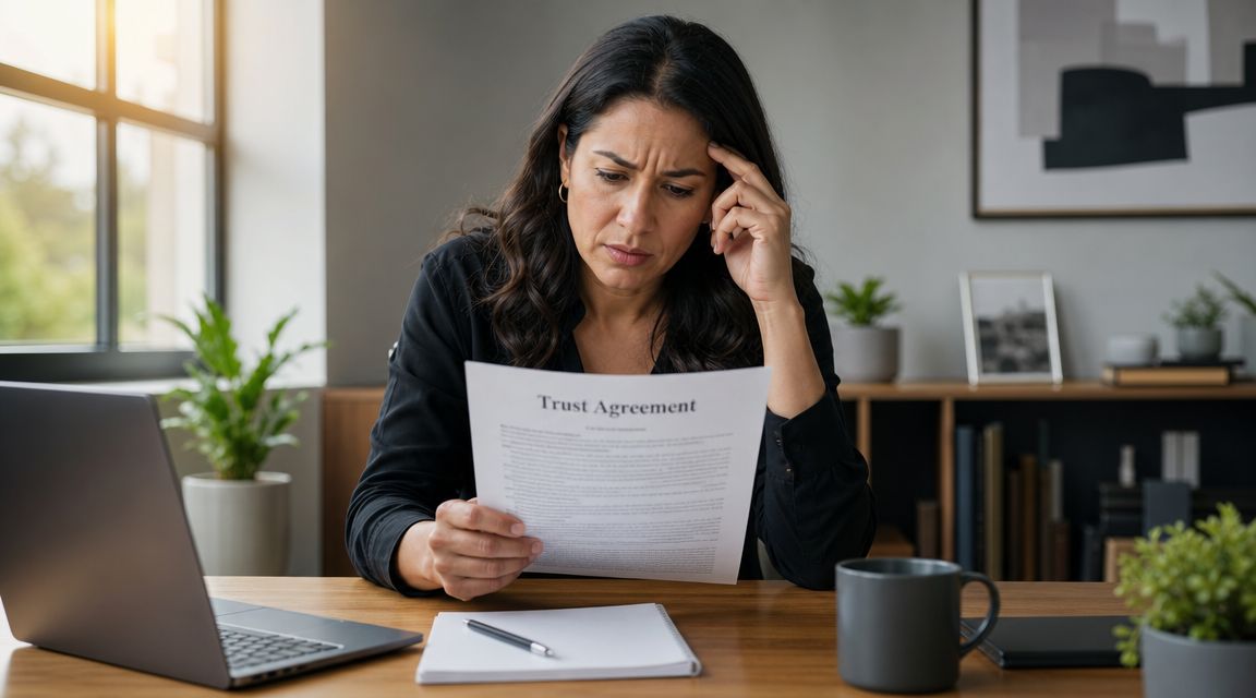 A concerned woman sitting at a desk reviewing a Trust Agreement document with a laptop and coffee.