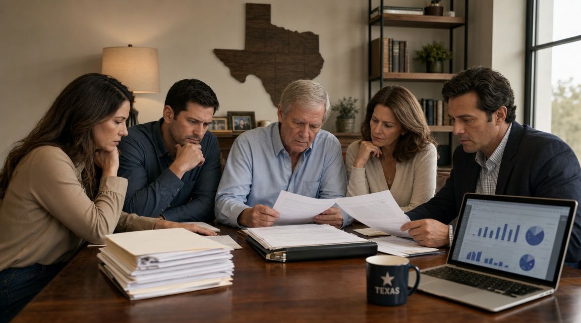 A professional family meeting with an attorney in a Texas office to discuss legal trust administration documents.