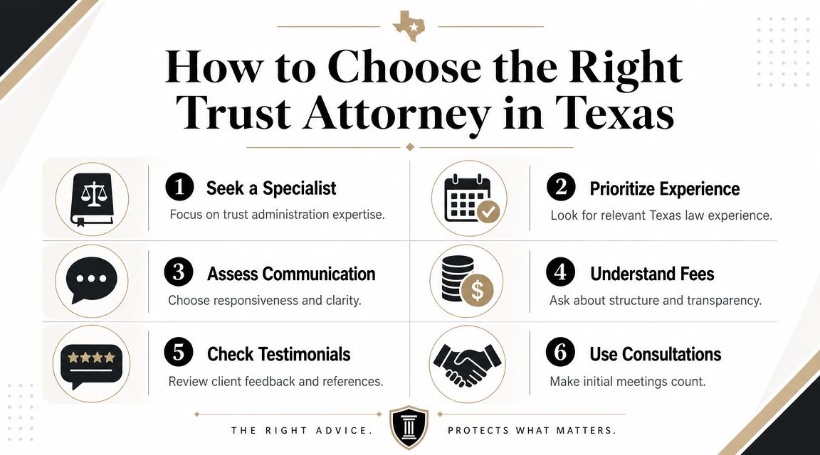A helpful infographic outlining six essential steps for choosing the right trust administration attorney in Texas.