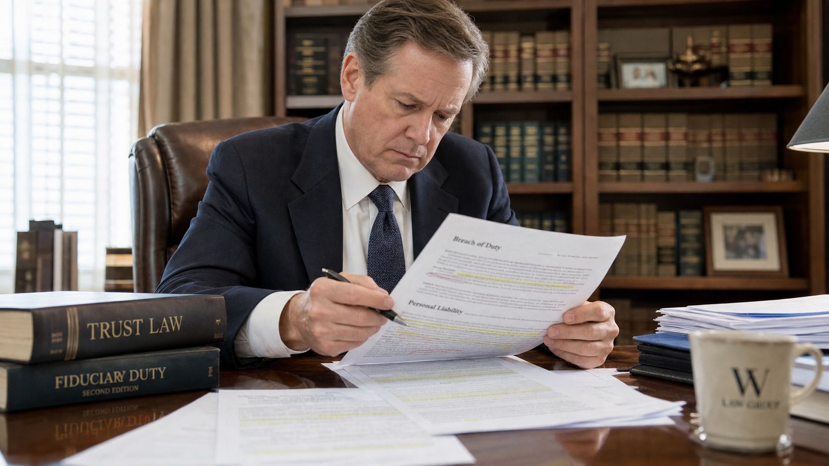 A professional attorney sitting at a desk reviewing legal documents in a law office.