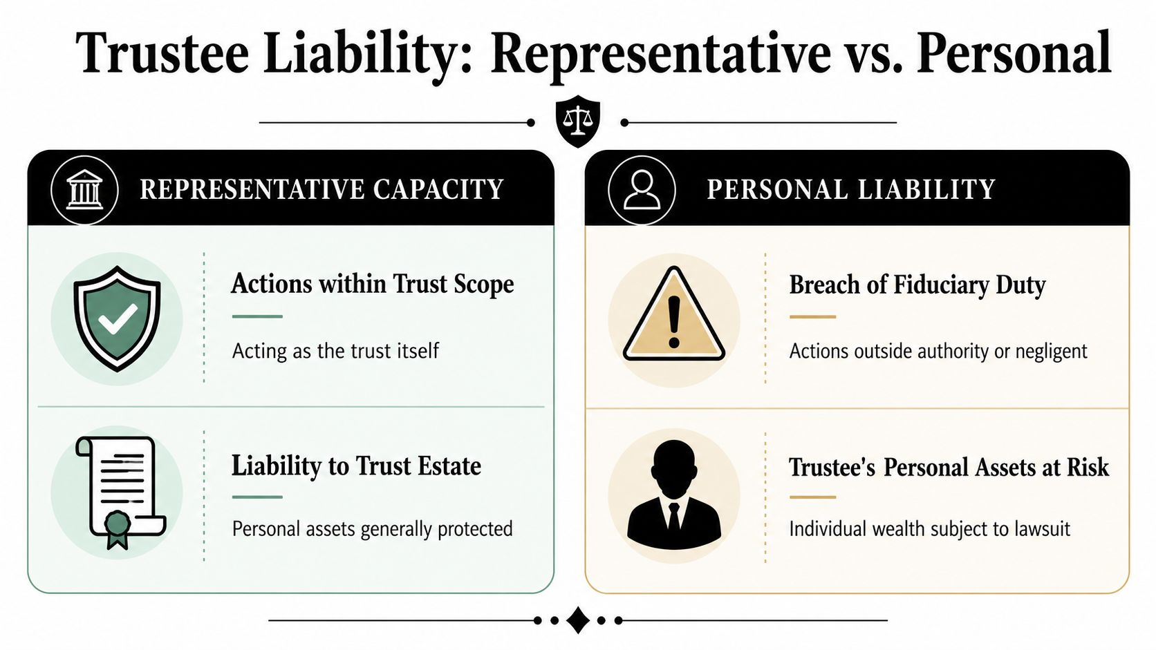 A comparison chart explaining the difference between a trustee's representative capacity and personal liability in legal terms.