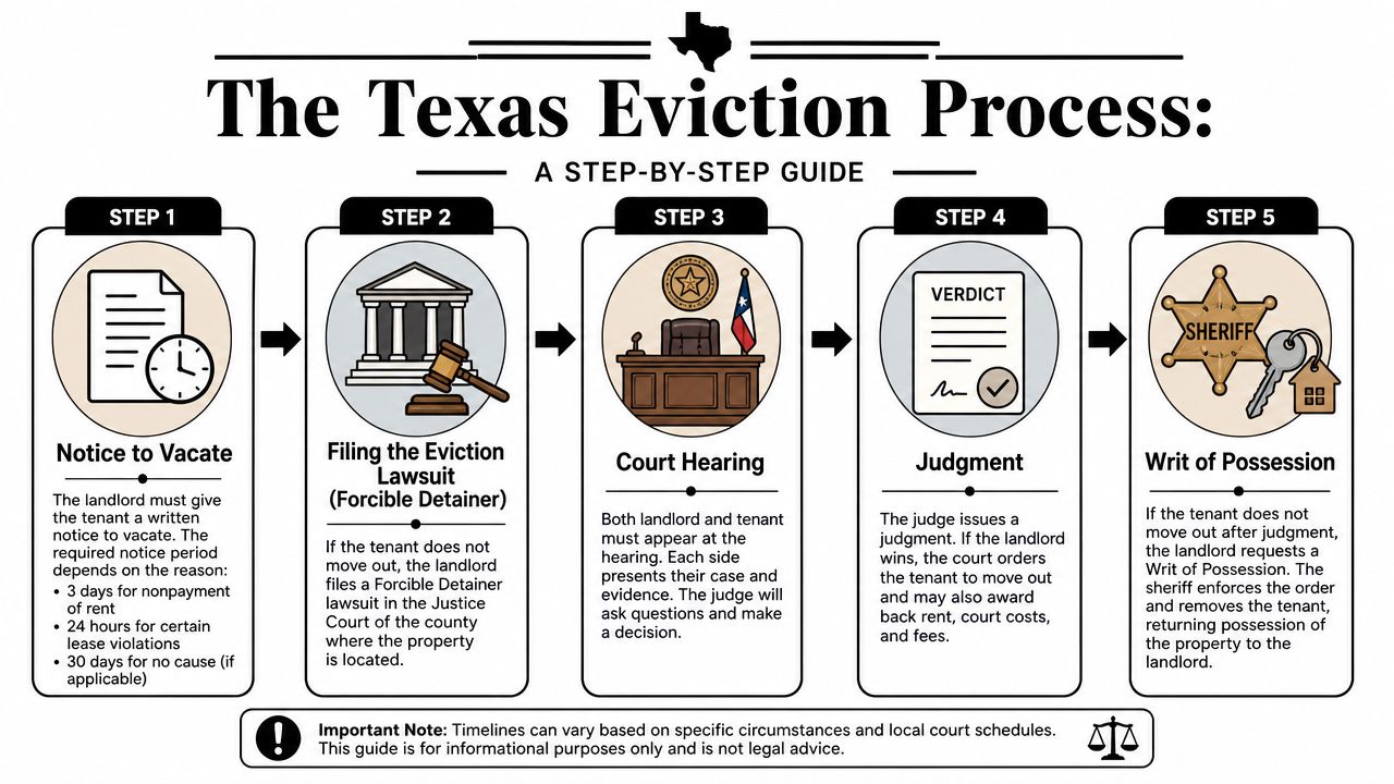 An infographic detailing the five steps of the legal eviction process for properties in Texas.