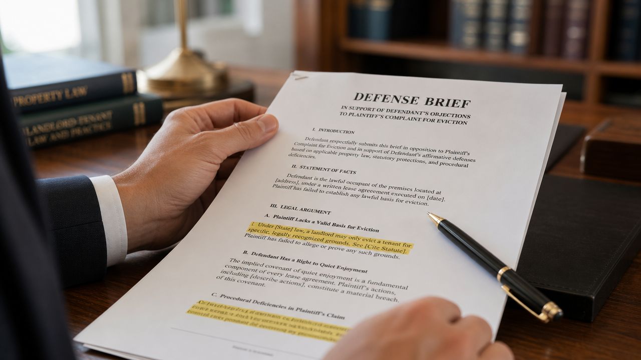 A person in a suit reviews a legal defense brief regarding an eviction notice at a desk.