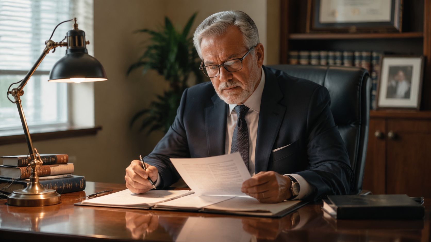 An elderly attorney wearing glasses sits at a desk reviewing legal documents in a professional office.