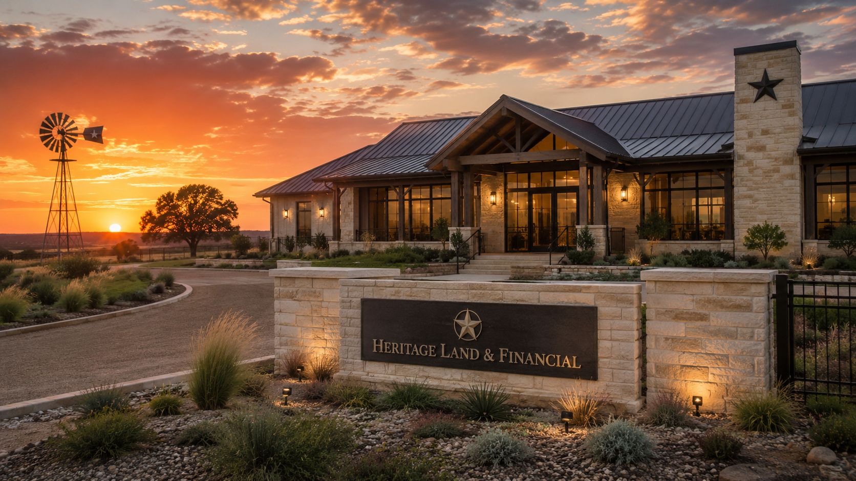 Heritage Land and Financial office building with a Texas star logo at sunset with a windmill.