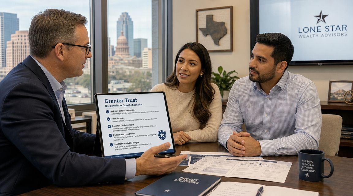 A financial advisor discusses Grantor Trust benefits with a couple in a professional Texas office setting.