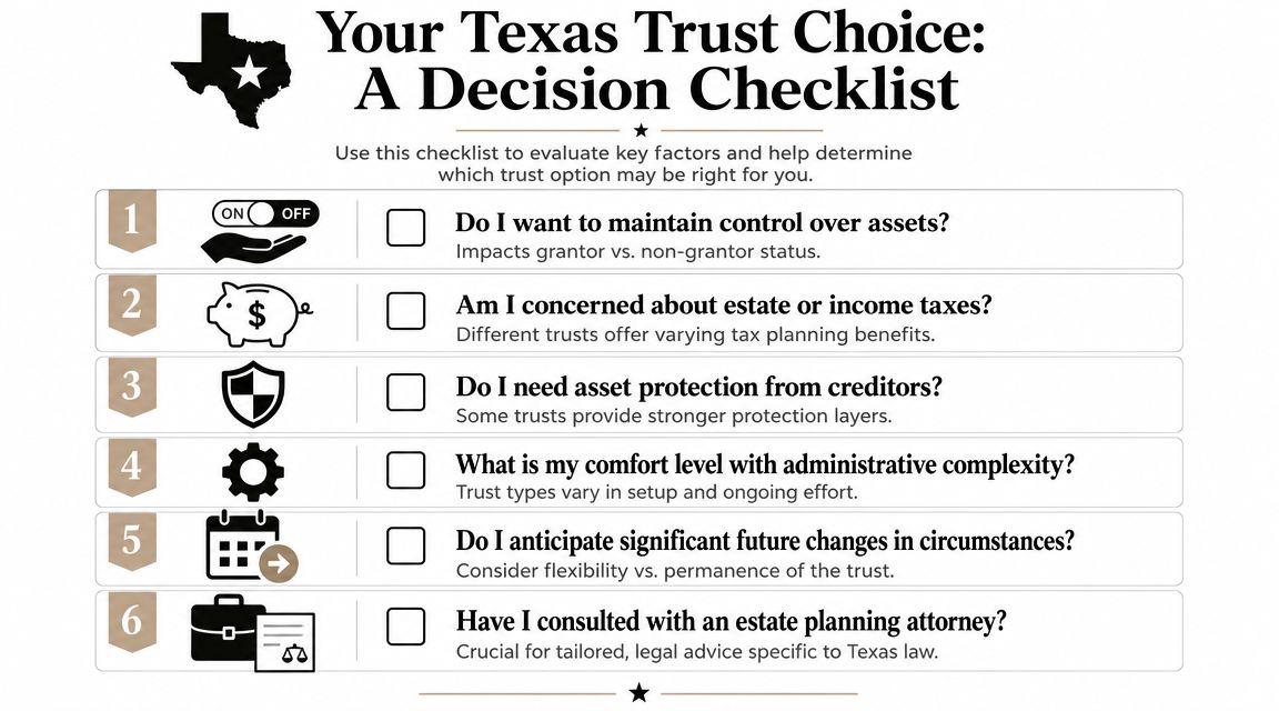 A checklist titled Your Texas Trust Choice listing six essential factors to consider for trust planning.