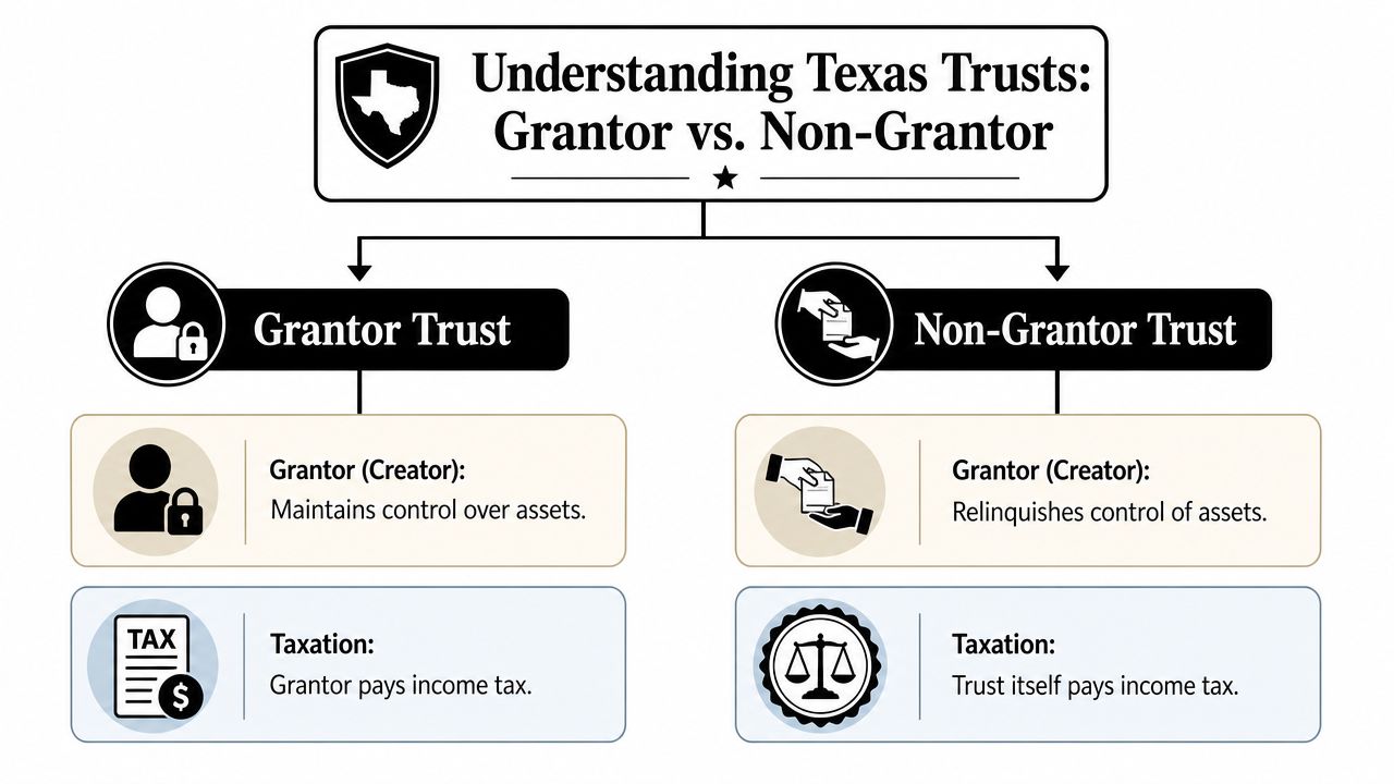 An infographic comparing the differences between Grantor Trusts and Non-Grantor Trusts in Texas regarding control and taxation.