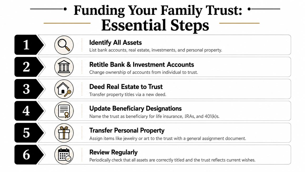 A six-step infographic detailing the essential process of funding and managing a family trust for estate planning.