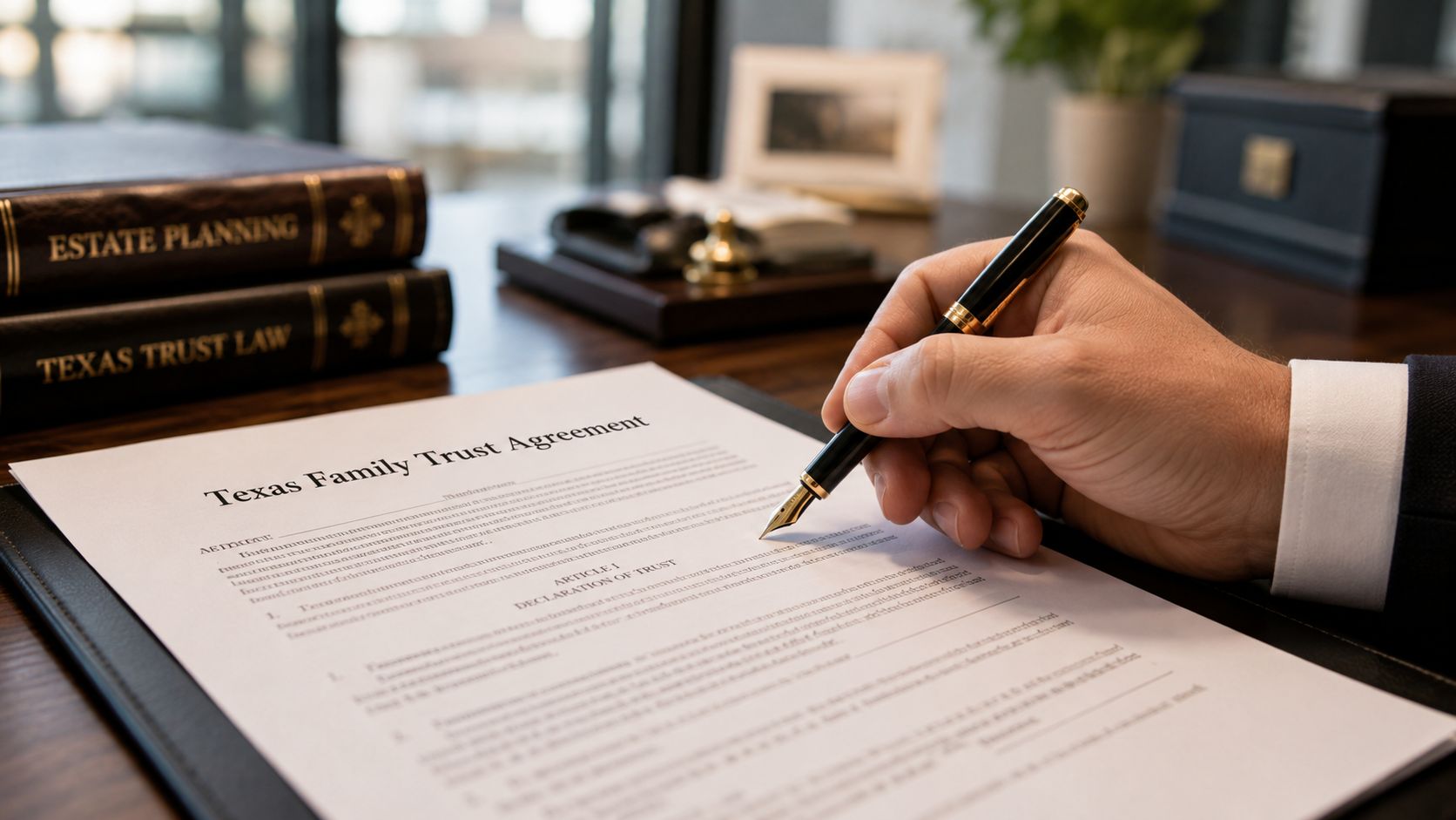 A person signing a legal Texas Family Trust Agreement document with a gold fountain pen.