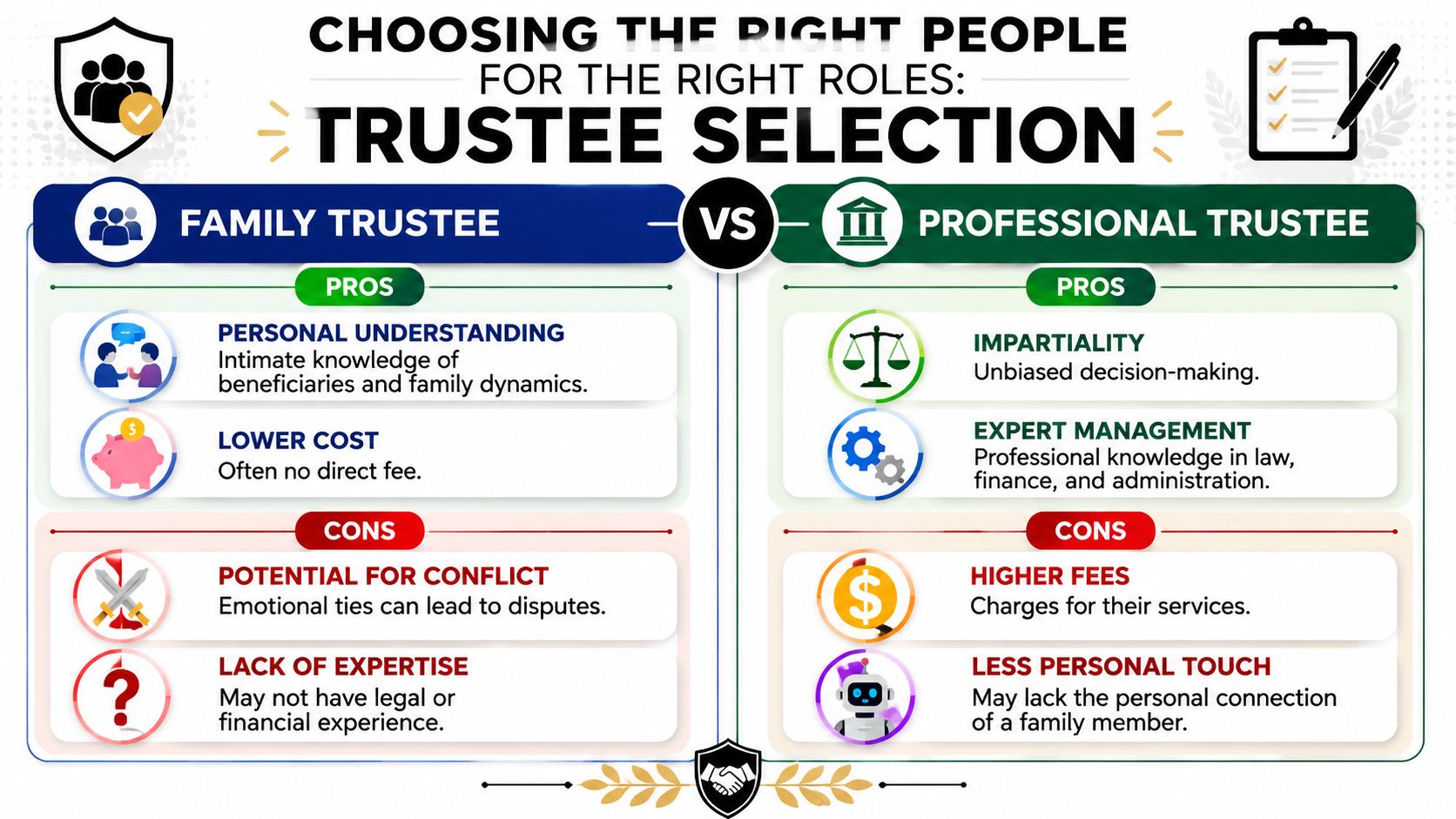 A comparison chart outlining the pros and cons of choosing a family trustee versus a professional trustee.