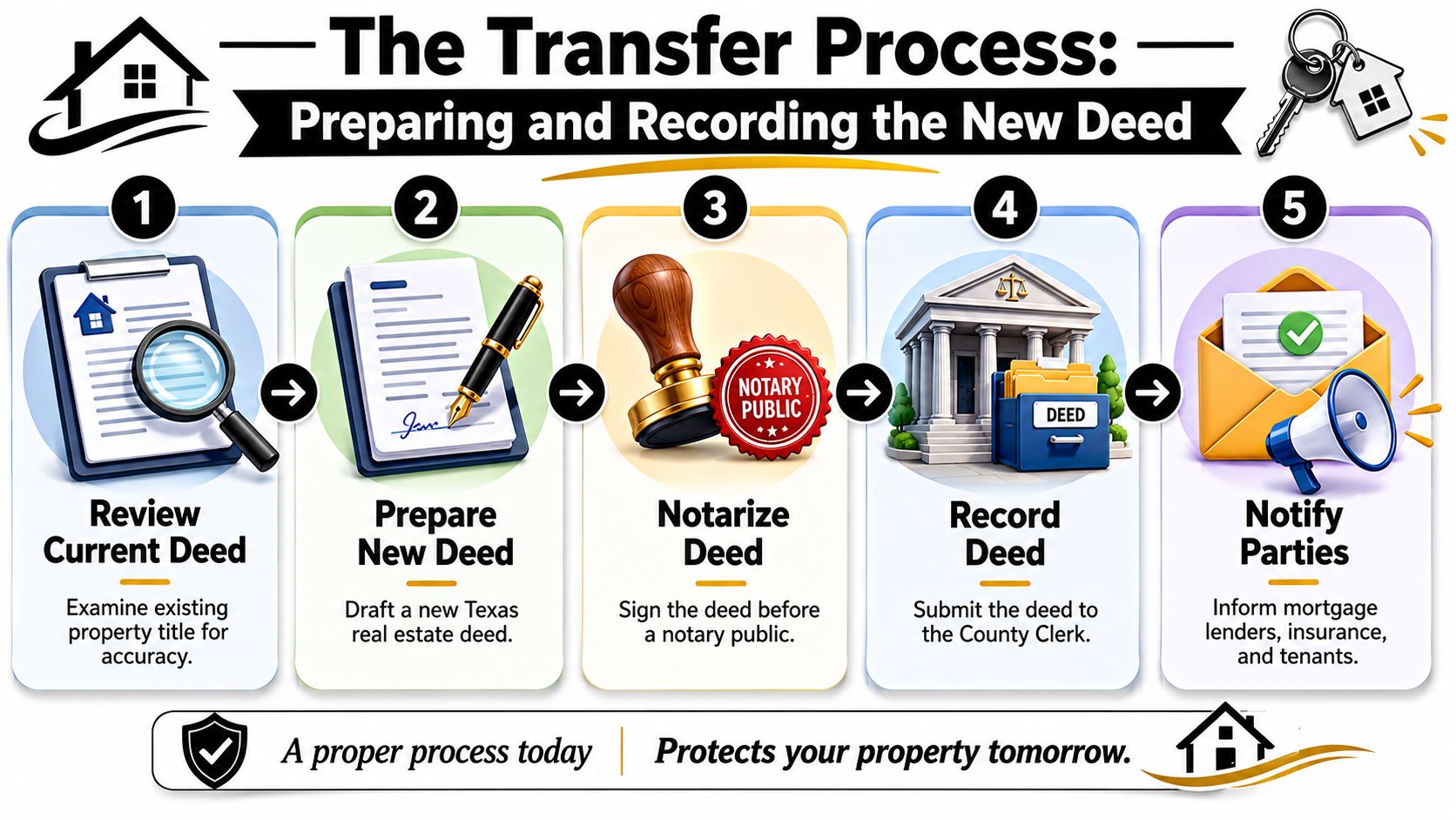 A flowchart detailing the five steps for transferring real estate deeds in Texas, including preparation and recording.