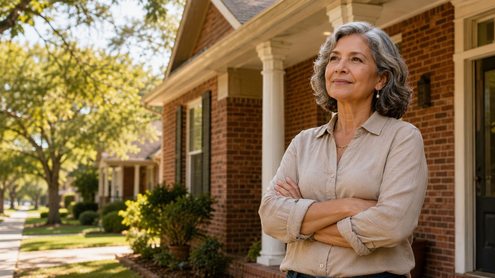 A smiling senior woman with grey hair stands with arms crossed in front of a brick house.