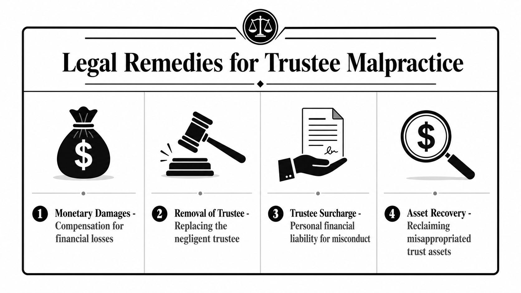 An infographic showing four legal remedies for trustee malpractice, including monetary damages, removal, surcharge, and asset recovery.