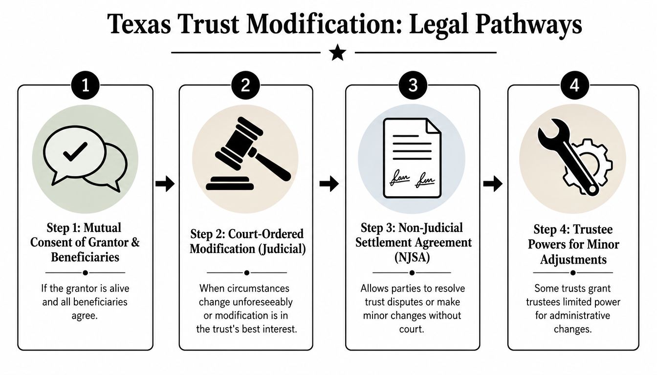 A flow chart explaining the four legal pathways for modifying a trust under Texas law.