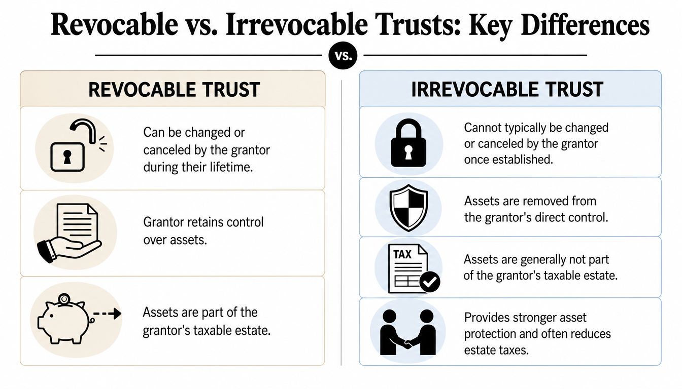 A comparison chart showing the key differences between revocable and irrevocable trusts regarding control and taxes.