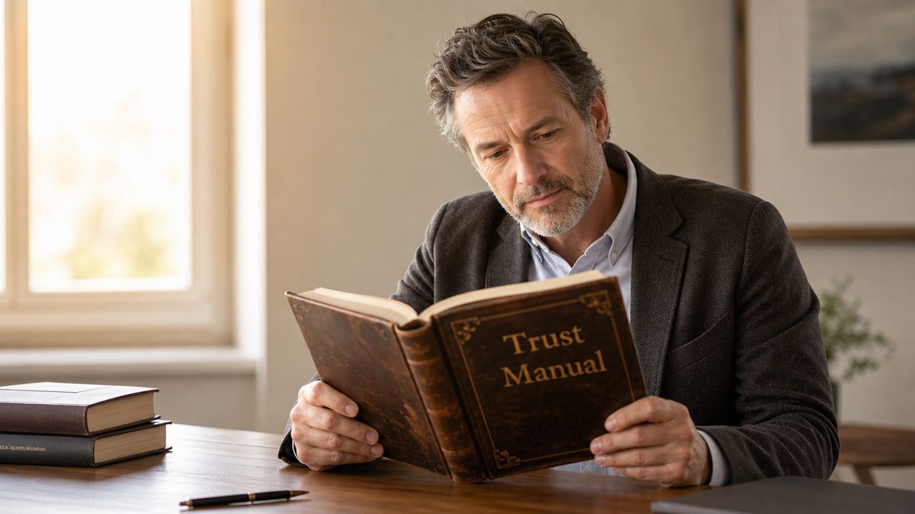 A professional man with a grey beard reading a book titled Trust Manual at a wooden desk.