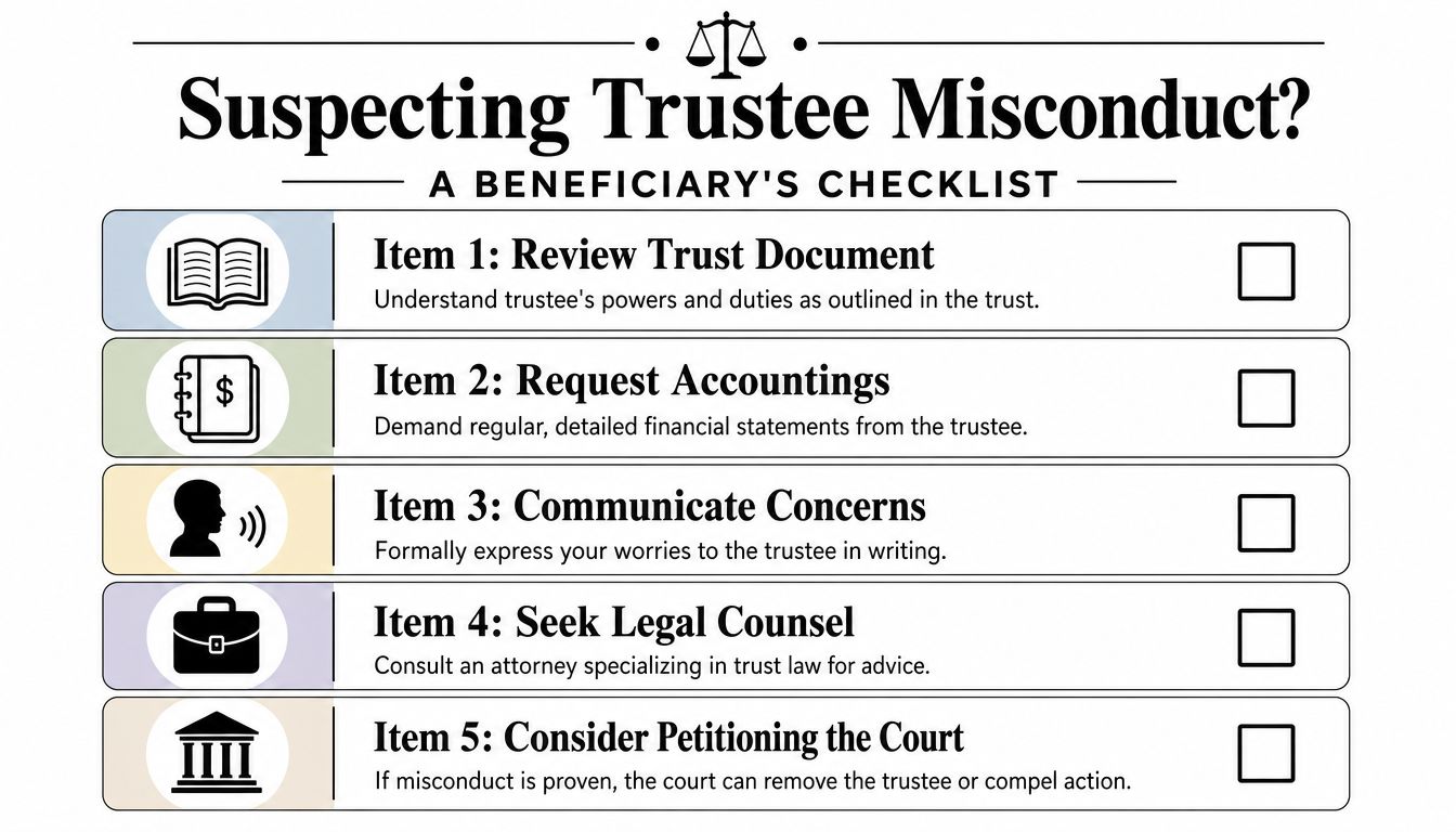 A checklist for beneficiaries suspecting trustee misconduct, featuring five actionable steps including legal and communication guidance.