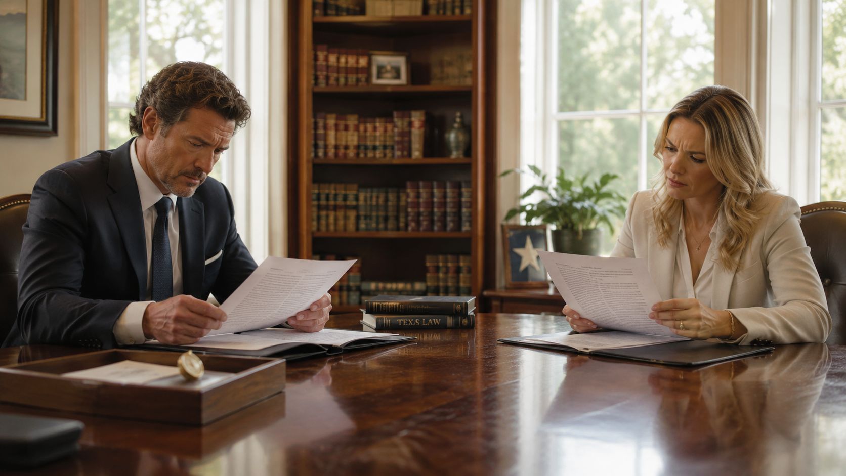 A professional man and woman review legal documents together while sitting at a mahogany table in an office.