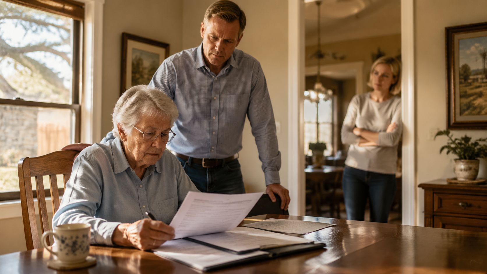An elderly woman signs legal documents at a table while a man watches and a woman waits nearby.
