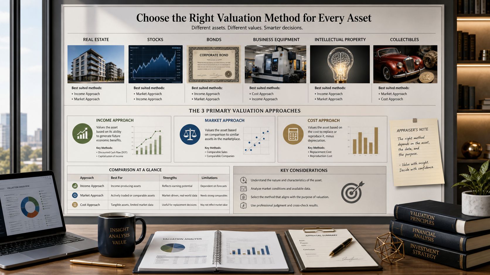 An infographic on a desk showing different valuation methods like income, market, and cost approaches for various assets.