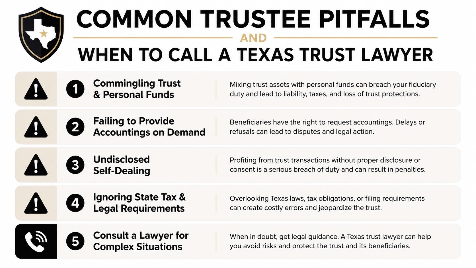 A helpful infographic listing five common trustee pitfalls and legal advice for managing Texas trusts.
