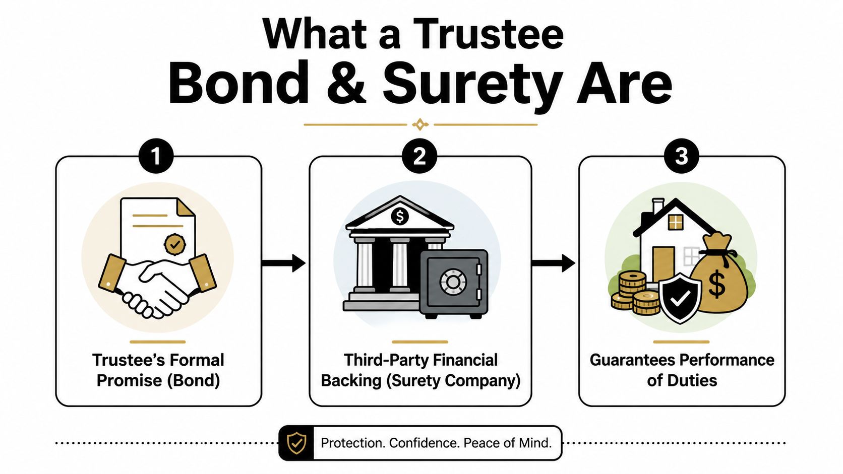 An infographic explaining trustee bonds and surety featuring three steps of formal promise, financial backing, and performance guarantee.
