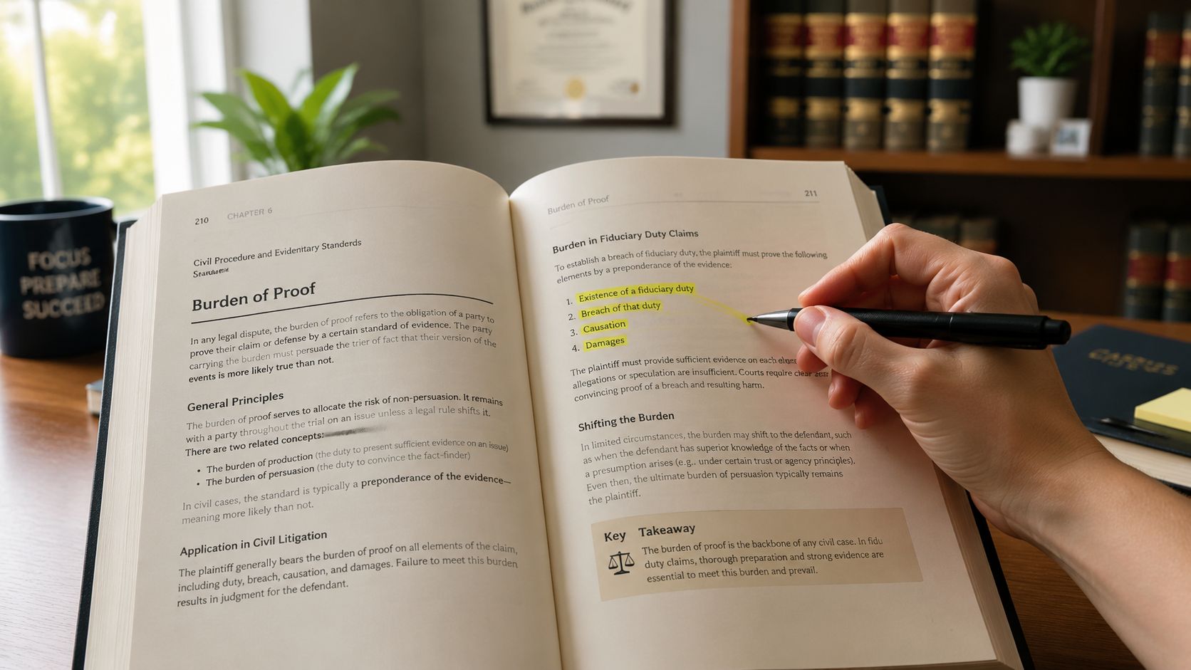 A close-up view of a person studying a law textbook about the burden of proof in legal proceedings.
