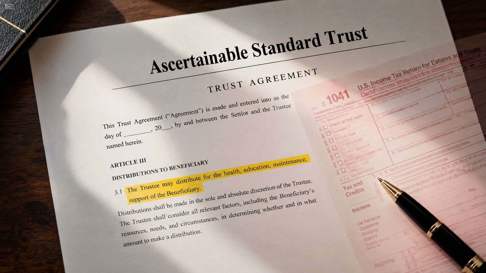 A close up view of an Ascertainable Standard Trust agreement document resting next to IRS Form 1041.