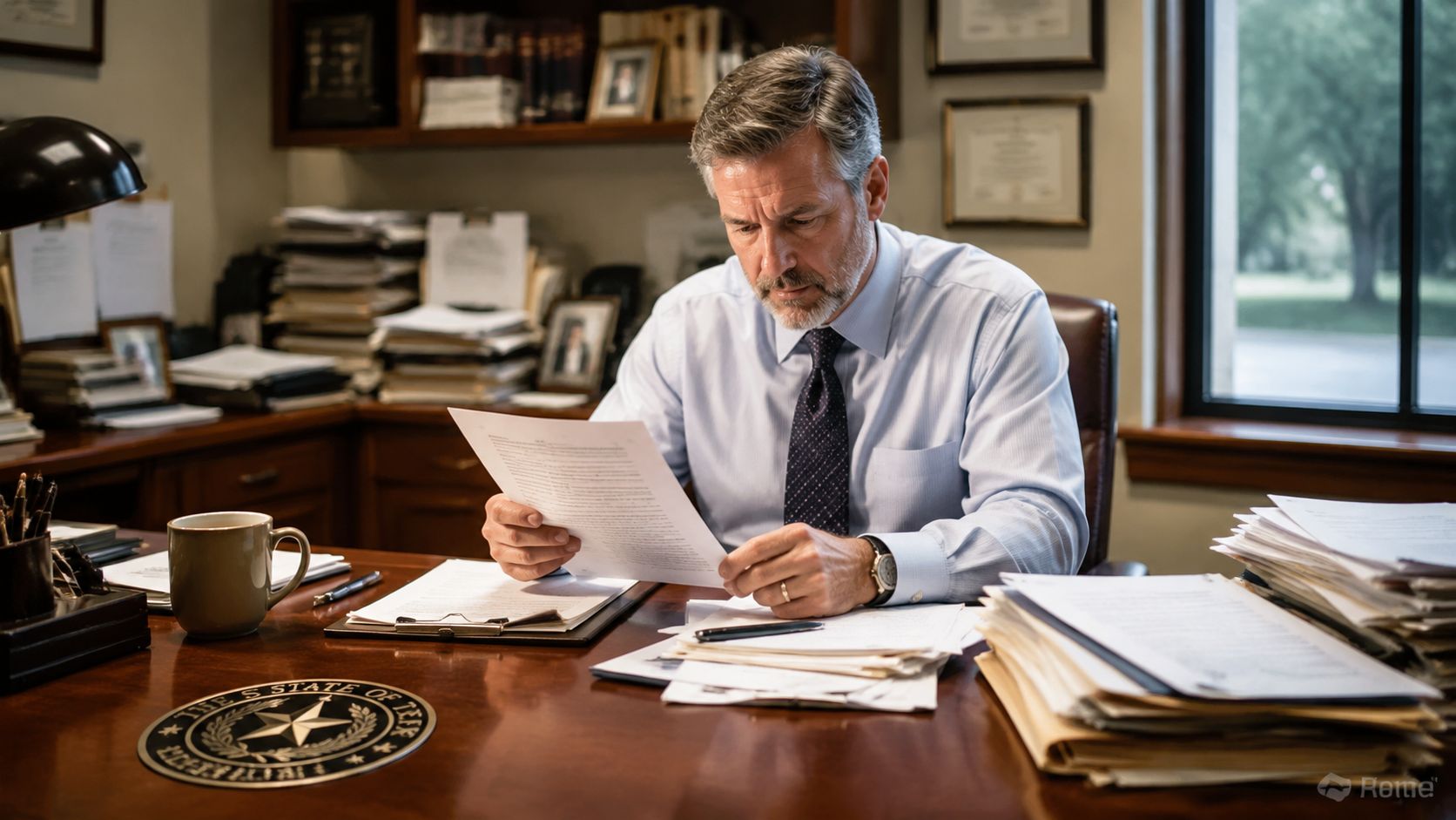 A professional man with grey hair sits at a wooden desk reading legal documents in his office.
