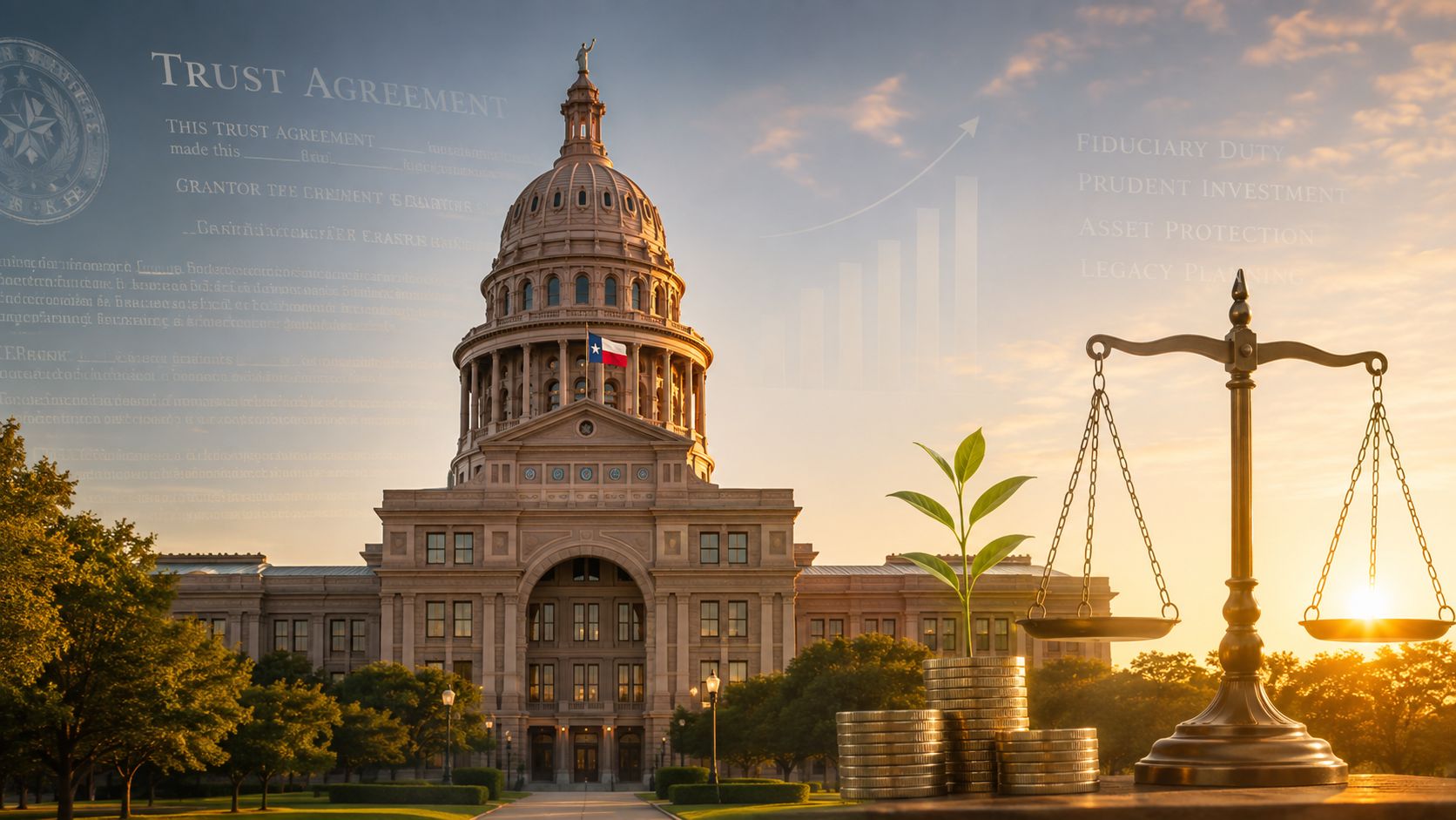 The Texas State Capitol building at sunset with a scales of justice, coins, and trust agreement text.