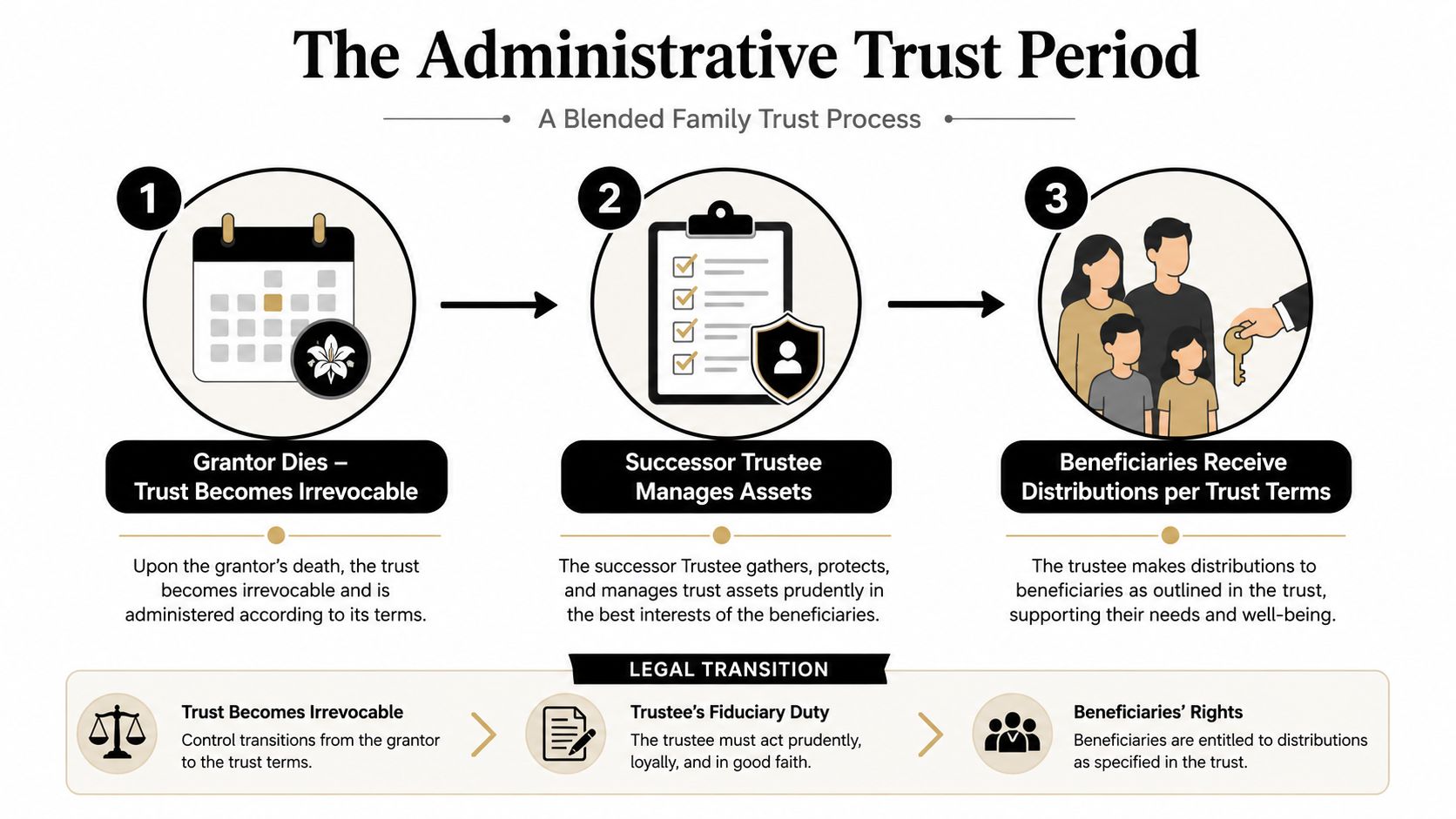 An infographic illustrating the three steps of an administrative trust process after the grantor passes away.