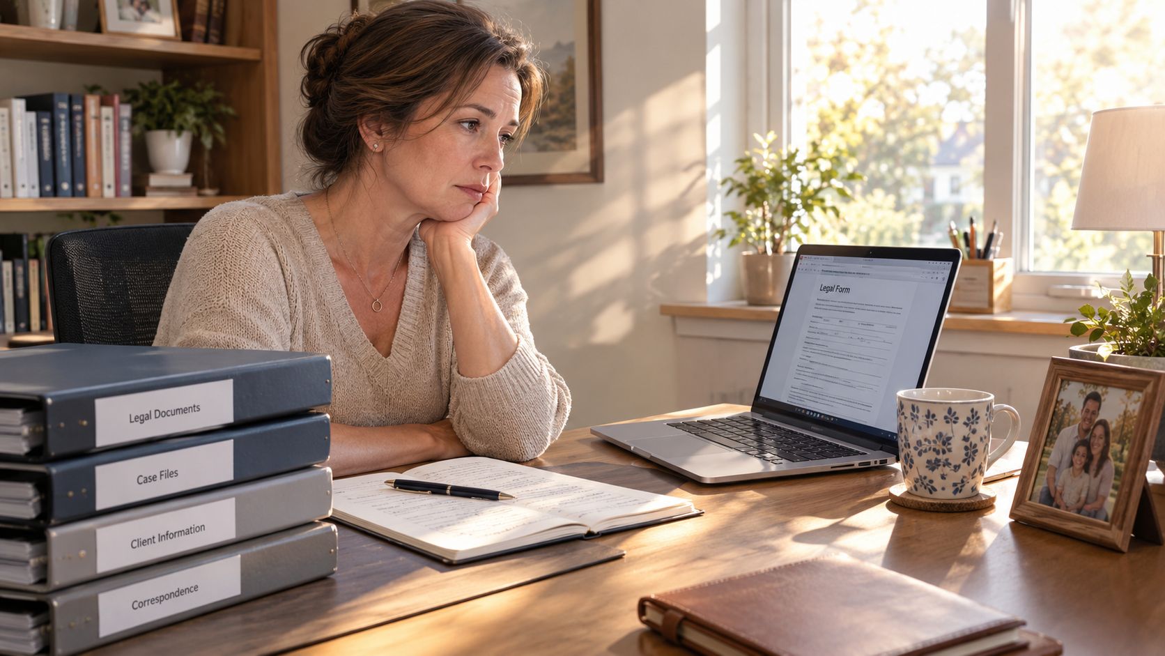 A professional woman sitting at a desk appearing overwhelmed while reviewing legal documents on her laptop.