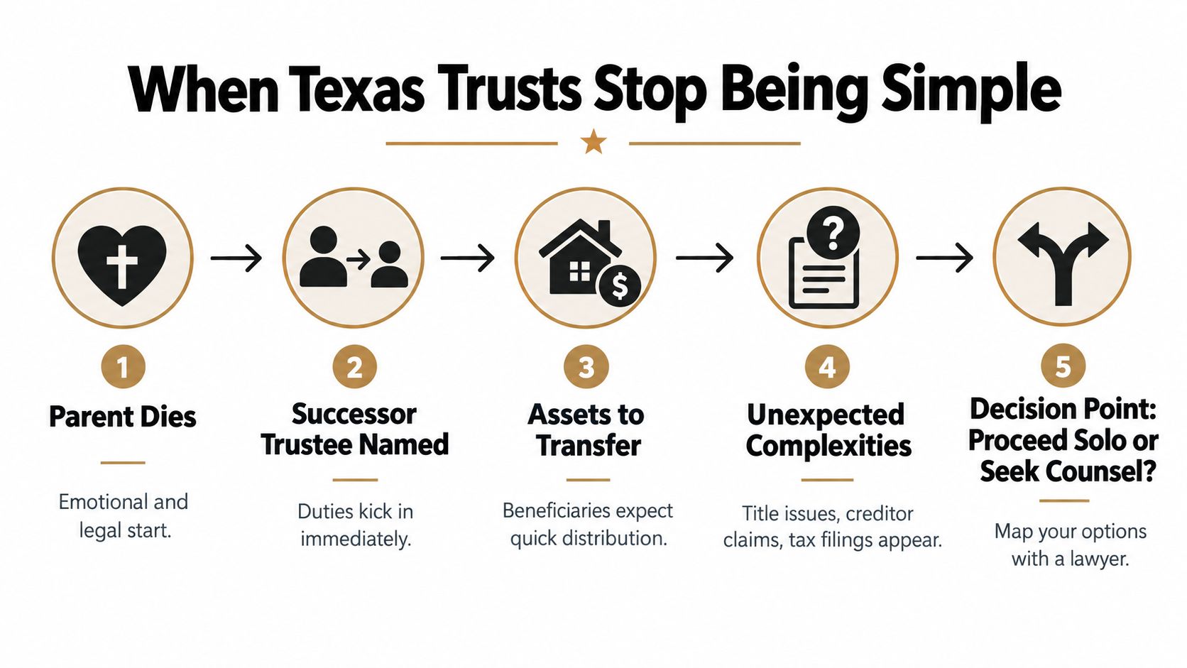 A five-step flowchart illustrating the complexities and stages of trust administration after a parent dies in Texas.