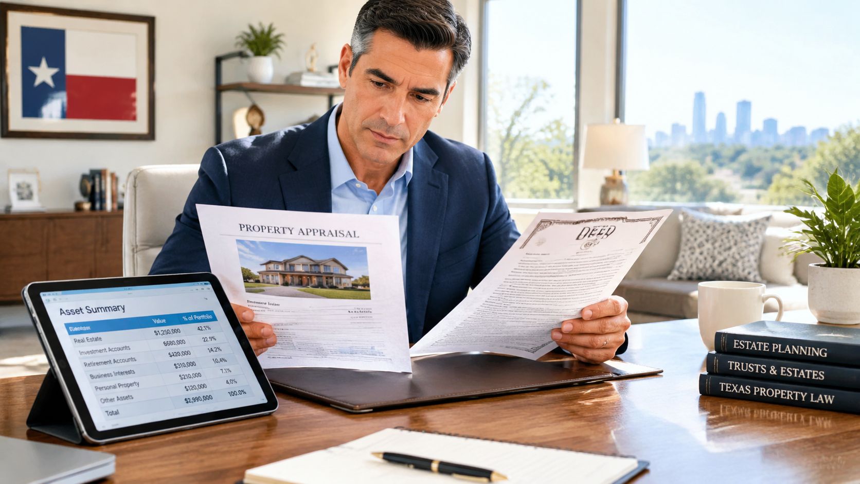 A professional man in a suit reviewing legal property appraisal and deed documents in a Texas office.