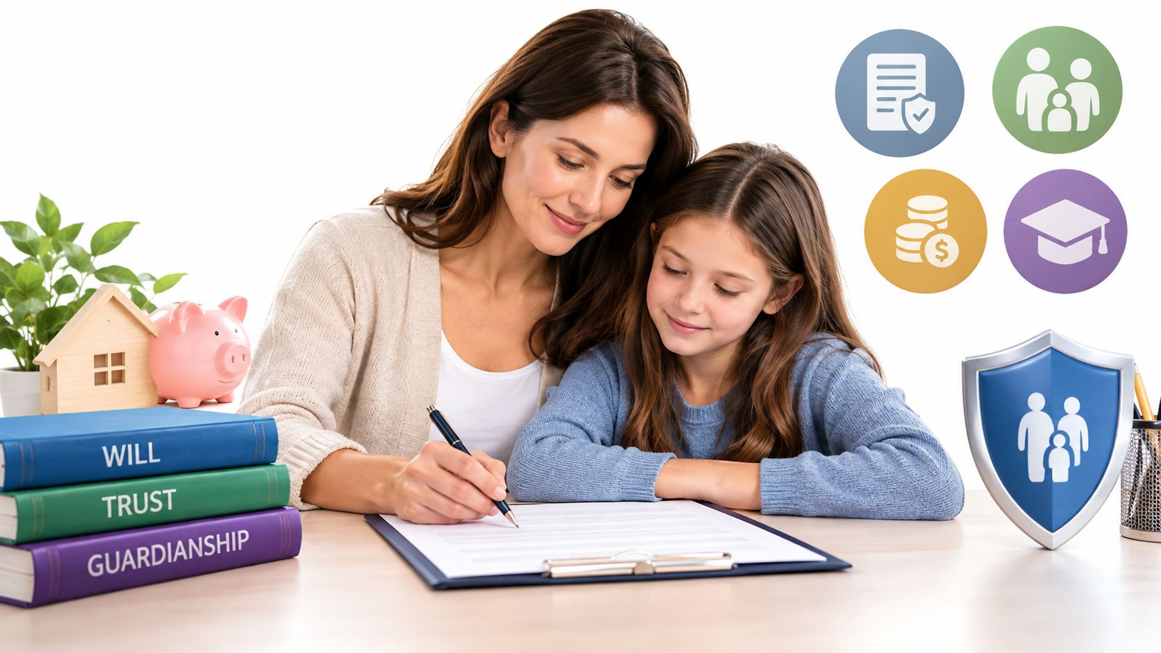 A mother and daughter working together at a desk with legal documents, estate planning books, and icons.